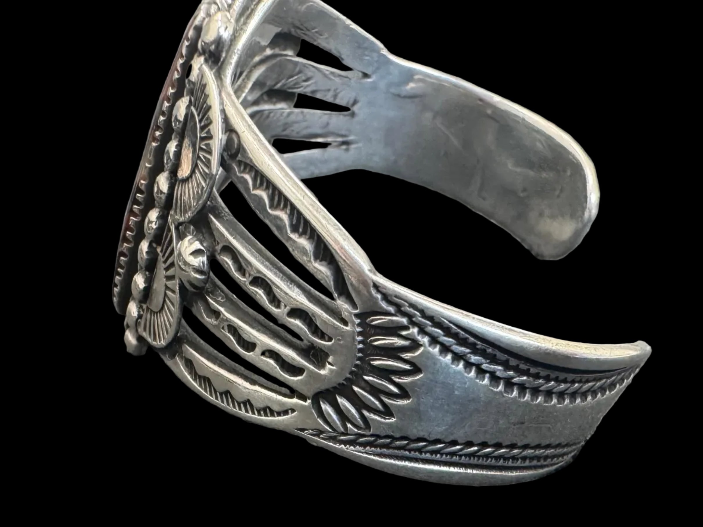 Vintage Navajo Fred Harvey Era Petrified Wood & Quartz Sterling Cuff