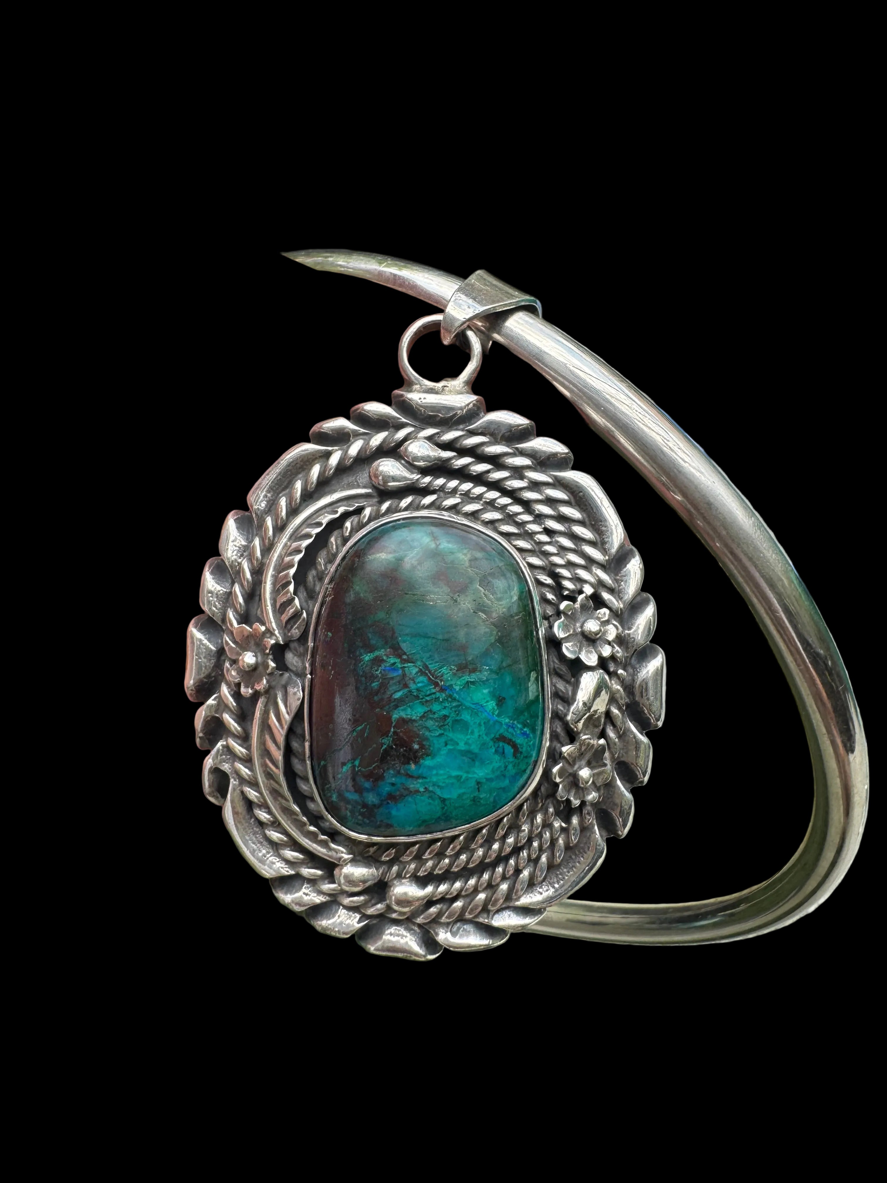 Vintage Sterling Silver Chrysocolla Pendant on Sterling Neck Collar