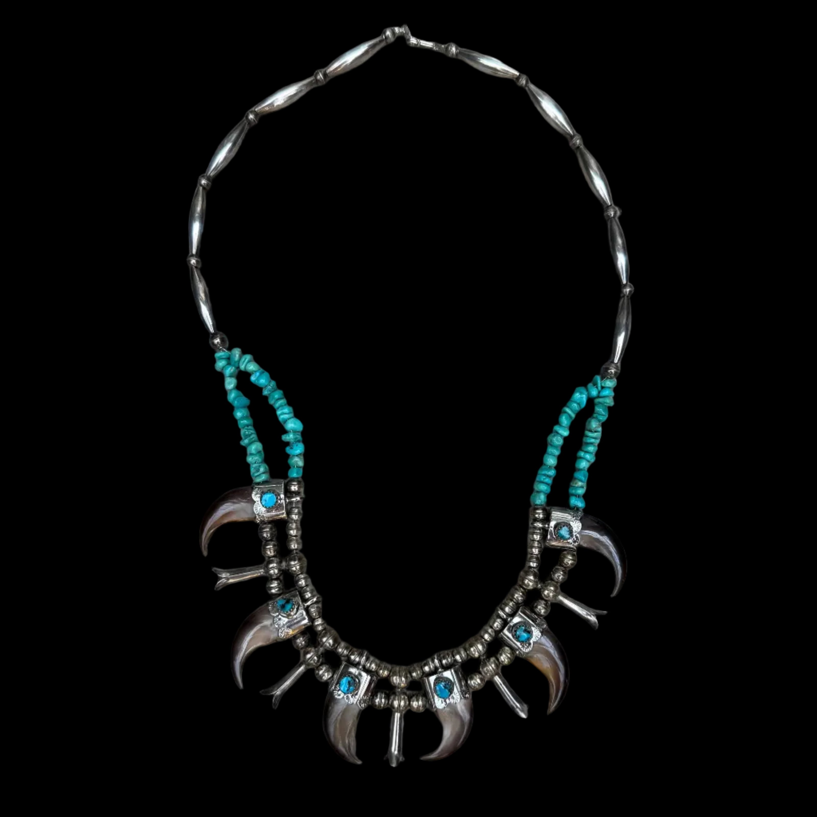 Vintage Sterling Silver Bear Claw Necklace with Turquoise and Navajo Style Pearls