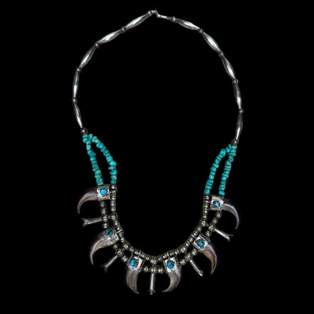 Vintage Sterling Silver Bear Claw Necklace with Turquoise and Navajo Style Pearls