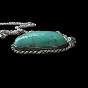 Aqua Colored Turquoise and Sterling Pendant on Rope Chain, Signed