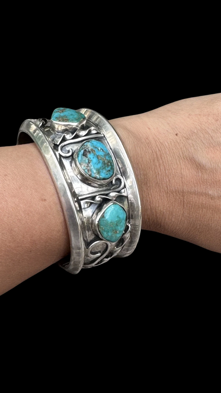 Mid-Century Sterling Silver Cuff | Three Natural Turquoise Stones