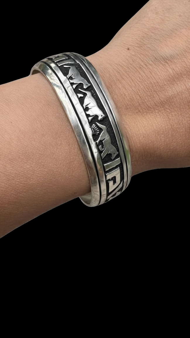 Thomas & Rosita Singer Hopi Sterling Silver Mountain Lion Overlay Cuff