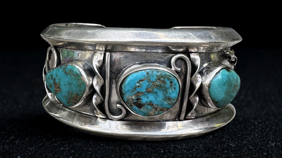 Mid-Century Sterling Silver Cuff | Three Natural Turquoise Stones